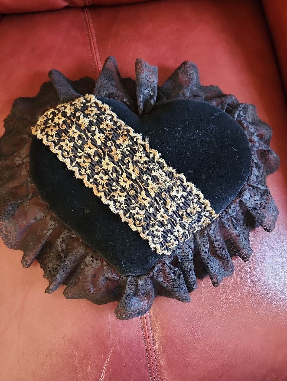 Handmade Boho Velvet Heart Pillow with  Lace Sash And Trim